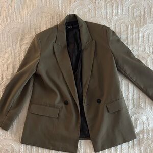 Zara Olive Green Double-Breasted Blazer with Black Lining